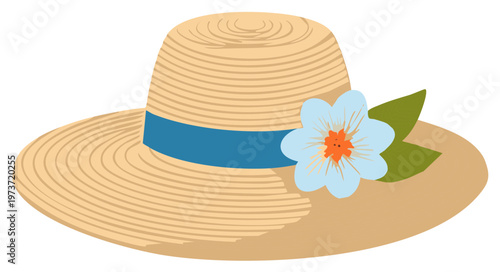 Summer Straw Sun Hat with Blue Ribbon and Light Blue Flower Decoration