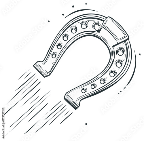 Vintage style hand drawn lucky horseshoe flying through air with dynamic speed lines for good fortune
