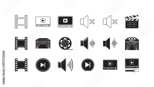 Black and white video production icons on a pure white background for editing and cinematic projects