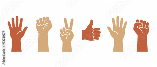 Human Hands Set Gesture Icons Showing Different Signs and Communication Signals for Social Media and UI Design Projects, Diverse Skin Tones Collection Showing Approval, Unity, Victory, and Stop Concep