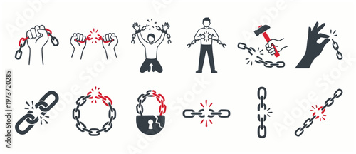 Broken Chain Icon Set, Freedom and Liberation Concept Vector Illustration with Hands Breaking Metal Links, Unchained Prisoner, Business Success, Struggle for Liberty, Isolated Graphic Symbols on White