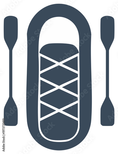Inflatable Boat Isolated Vector Graphic with Paddles, Rafting Recreation Symbol