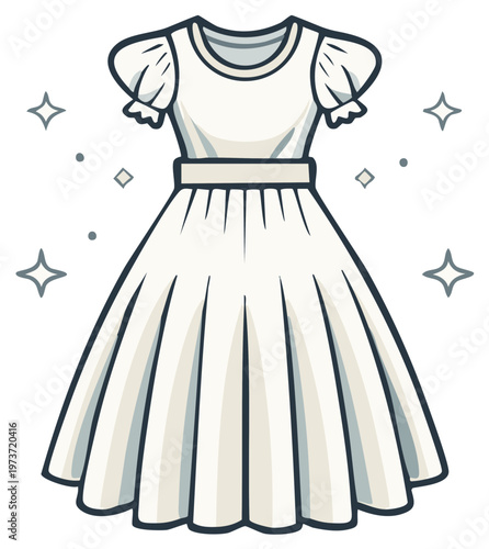 Cartoon illustration of a white dress with short puff sleeves, sparkles