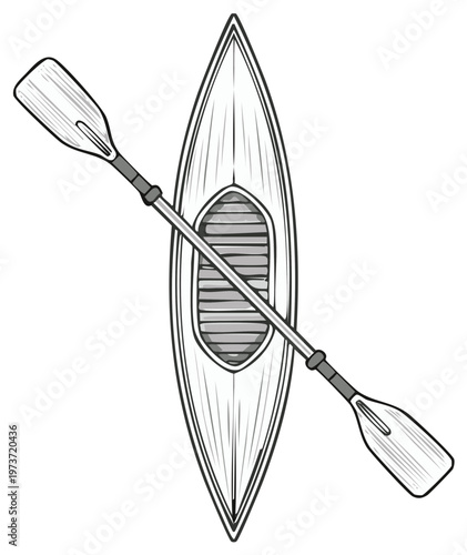Overhead view of a kayak and paddle, a monochrome line art illustration for water sports and outdoor recreation.