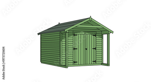 Large green wooden garden shed with double doors and a gabled roof provides a sturdy and attractive storage solution for outdoor tools.