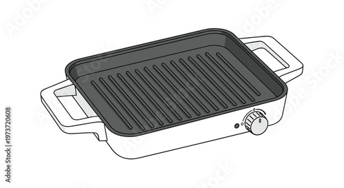 Electric indoor grill pan features a non-stick ridged surface and a white base with a simple temperature control knob for easy cooking.