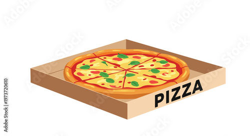 Freshly baked thin crust pizza topped with mozzarella cheese and basil leaves is presented inside a brown cardboard delivery box.