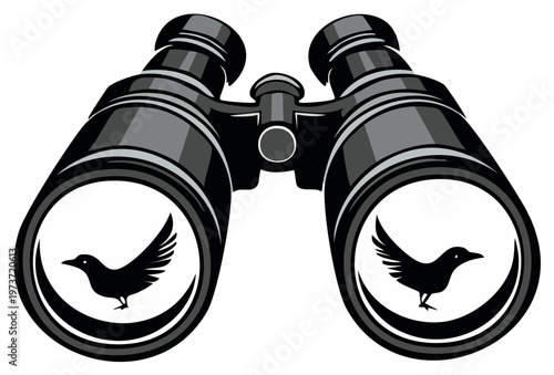 Birdwatching concept illustration with black binoculars and bird silhouette reflection in the lens