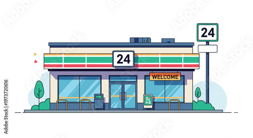 Modern convenience store building illustration features a clean flat design with 24-hour signs and welcoming glass doors for customers.