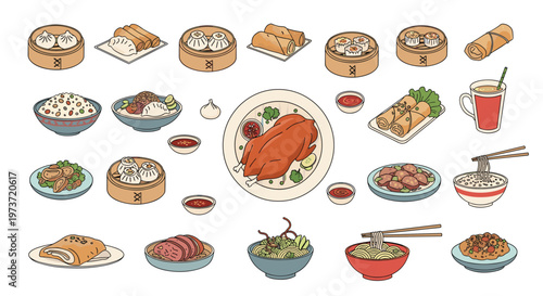 Comprehensive set of various Chinese cuisine elements includes classic dim sum baskets, noodle bowls, roasted duck, and assorted appetizers.