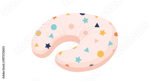 Soft pink nursing pillow for infants features a playful pattern of colorful geometric shapes like stars and triangles on its surface.