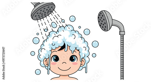 Happy young child is shown washing their hair with plenty of white soap bubbles under a flowing shower head in a bathroom setting.