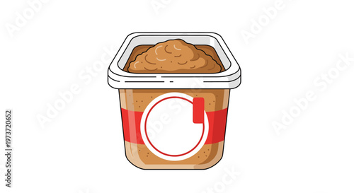 Plastic container filled with brown miso paste or fermented soybean paste for traditional asian cooking recipes.