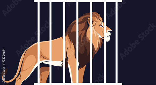 Majestic male lion with a large mane is depicted standing in profile behind white cage bars against a solid dark blue background.