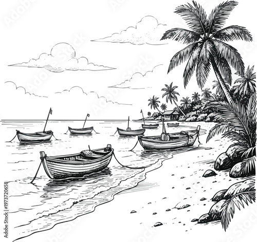 Isolated on Tropical beach with boats ink sketch vector art on white background