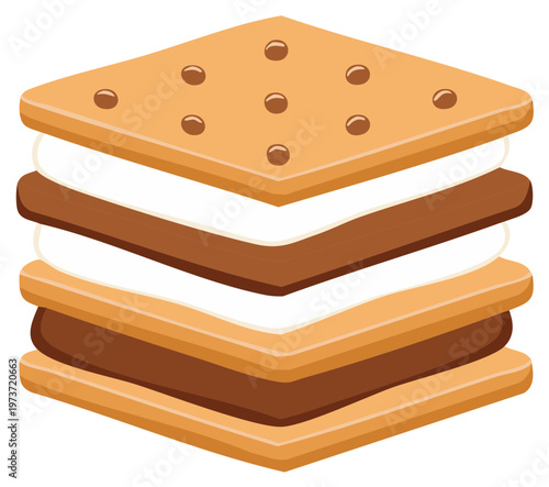 Double decker s'more dessert with graham crackers, chocolate, and marshmallow.