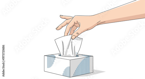 Human hand pulling a soft white tissue from a cardboard paper box for hygiene, health, and daily personal care concepts.