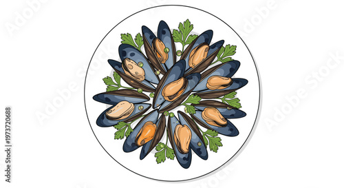 Overhead view of freshly cooked mussels served on a white plate with green parsley garnish for seafood dining concepts.