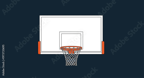 Professional basketball hoop and backboard illustration isolated on a dark blue background for sports and recreation themes.
