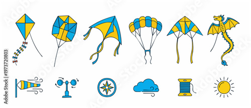 Kite Set Collection Icons and Windy Weather Symbols for Summer Outdoor Activities. Graphic vector illustrations of flying kites, wind direction, sun, cloud, compass, and spool in blue and yellow color