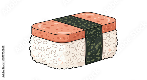 Traditional spam musubi snack featuring a slice of cooked meat on top of rice wrapped in a dark seaweed strip.