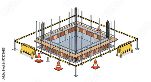 Isometric view of a building foundation under construction with rebar, steel scaffolding, and yellow safety barriers.