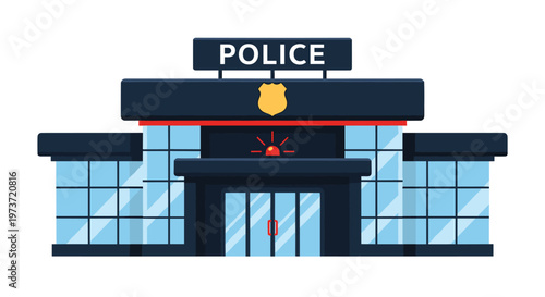 Modern police station building with glass windows, a badge symbol, and emergency lights for law enforcement themes.