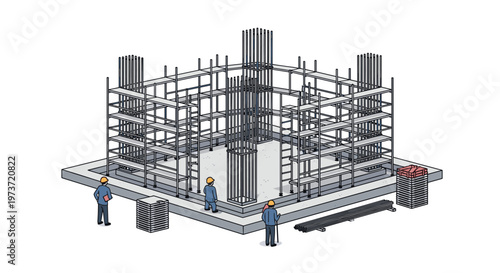 Team of construction workers in blue uniforms and hard hats overseeing a building project foundation and scaffolding.