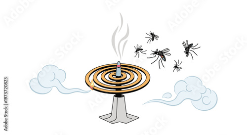 Burning mosquito coil emitting smoke to repel mosquitoes for health and pest control themes in outdoor environments.
