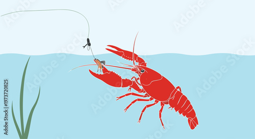 Red crawfish underwater reaching its claws toward a fishing lure on a line for outdoor recreation and fishing themes.