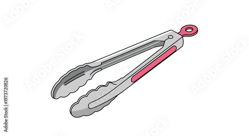 Metal kitchen tongs with pink handles shown in an isometric view are commonly used for serving food or cooking over a hot grill in the kitchen.