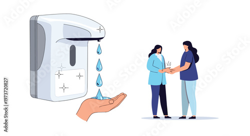 Automatic hand sanitizer dispenser with falling drops and two women interacting for health and public safety.