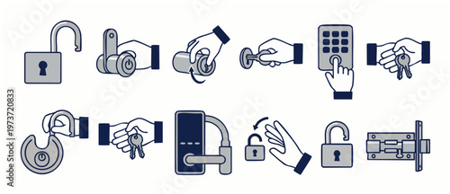 Security Lock Icon Set, Digital Padlock and Key Access Symbols for Home Safety and Cyber Security User Interface Design, Vector Graphic Elements Representing Protection, Authentication and Privacy Con