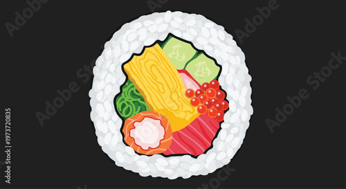 Colorful illustration of a thick sushi roll cross section filled with rice tuna salmon egg cucumber seaweed and fish roe on a dark background.