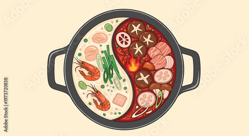 Overhead view of a delicious hot pot dish with two types of soup and diverse fresh seafood and meat ingredients.