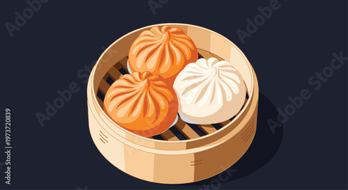 Three steamed buns in a traditional bamboo steamer basket isolated on a dark background for authentic asian cuisine.