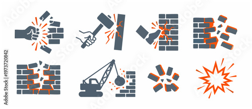 Brick wall demolition icons set, heavy impact destruction symbols, construction breaking elements and wrecking ball vector illustration isolated on white background for industrial site renovation proj