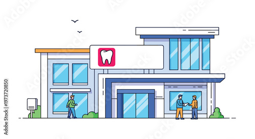 Modern dental clinic building with a tooth icon sign and patients interacting in front of the main entrance.