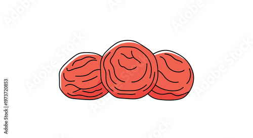 Three red pickled plums known as umeboshi are arranged together in a simple illustration representing a traditional and sour Japanese staple food.