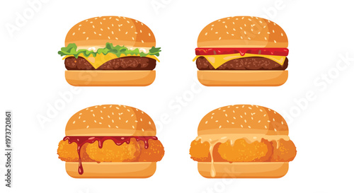 Selection of four different burgers including cheeseburgers and fried chicken sandwiches with various toppings and sauces on a plain background.