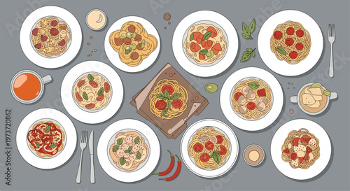 Overhead view of an assortment of pasta dishes served on white plates with various sauces and ingredients arranged on a gray tabletop for dinner.