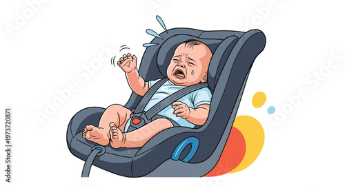 Illustration of a crying baby sitting in a gray car seat with tears falling down shows the common struggle of traveling with an unhappy infant.