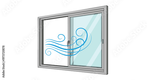 Modern sliding glass window is shown with blue wind swirls passing through to represent the concept of ventilation and fresh air flow into a room.