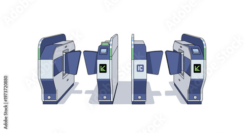 Row of automated ticket gates at a train station features blue and white turnstiles with electronic card readers for commuters in an urban area.