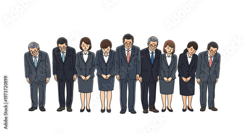 Large group of Japanese business people in formal suits bowing together in a line signifies a collective gesture of apology or deep gratitude.