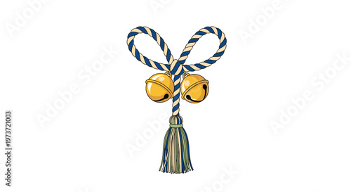 Traditional Japanese bell ornament features two golden bells tied with a blue and white braided rope and a decorative tassel at the bottom end.