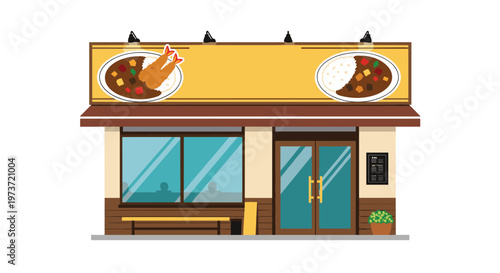 Storefront of a Japanese curry restaurant features large signs with images of curry rice and fried shrimp dishes on a brown and white building.