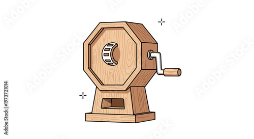 Traditional wooden rotary drum used for lottery draws features a small hole for a ball to exit and a crank handle for spinning during festivals.