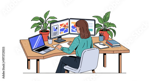 Businesswoman Working at Dual Monitor Desk