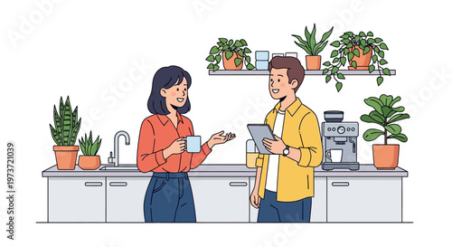 Colleagues Chatting in Modern Office Kitchenette